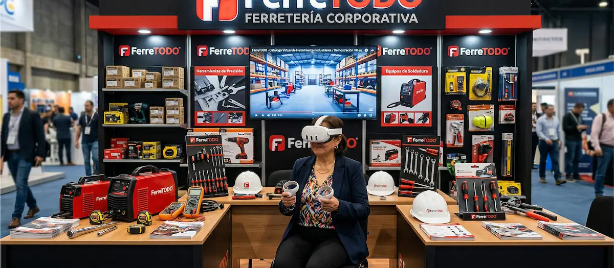 Stand corporativo en una feria con una visitante usando un visor de Realidad Virtual junto a los productos de la marca