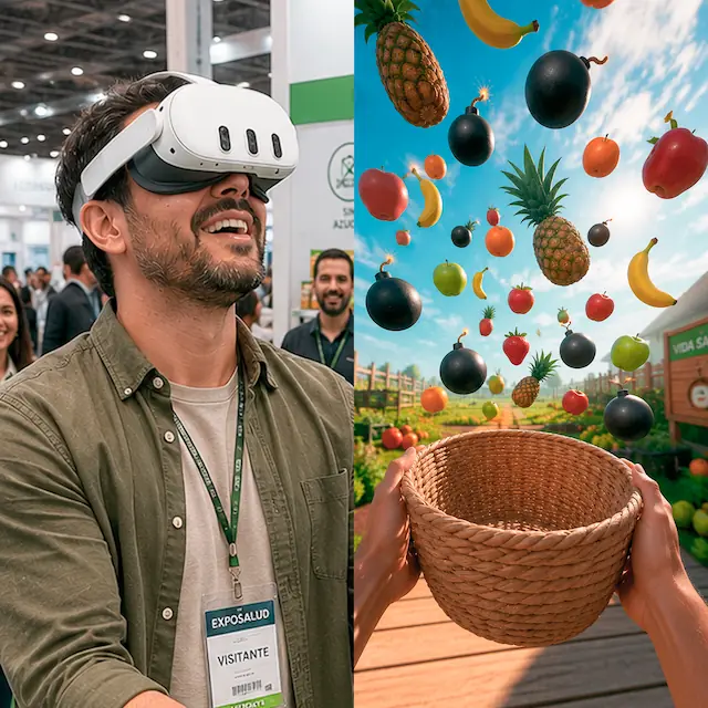 Visitante de una feria jugando un juego de Realidad Mixta en el que atrapa frutas con una canasta virtual