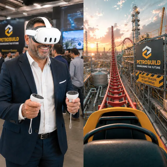 Visitante en un stand de exposición probando un simulador de montaña rusa en Realidad Virtual personalizado con la marca