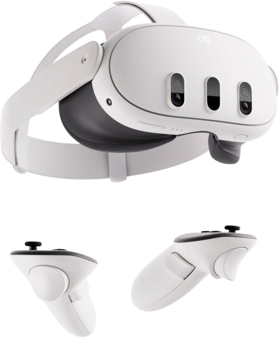 Visor de realidad virtual Meta Quest con sus controles, listo para un stand o evento en Buenos Aires