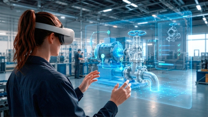 Operaria con visor de realidad mixta interactuando con un holograma de maquinaria industrial